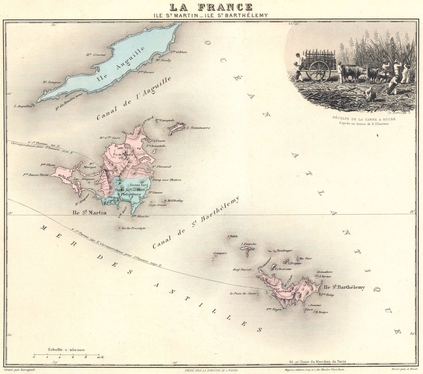 WEST INDIES. Ile St Martin-Ile St Barthélemy.Canne a Sucre. Vuillemin 1903 map